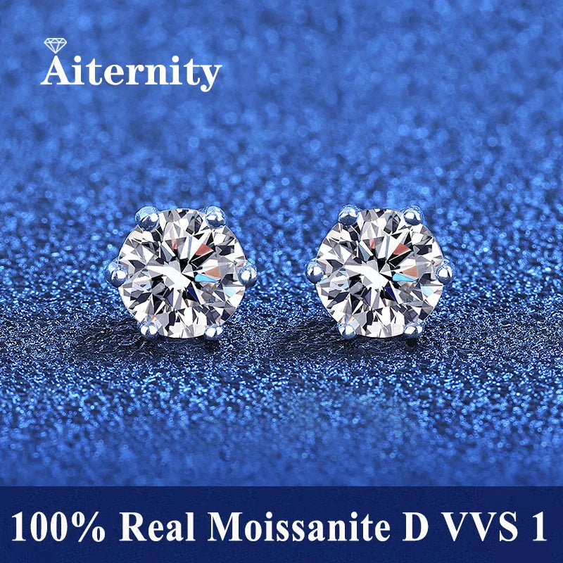 Aiternity 100% Real Moissanite Stud Earrings – D Color VVS1 Flawless Sparkle