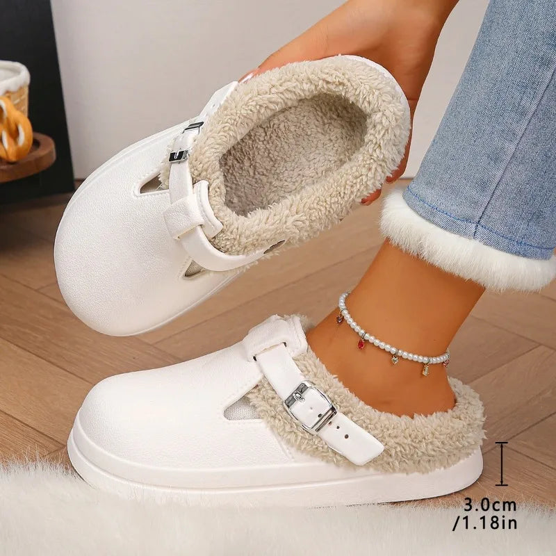 Cozy Winter Plush Buckle Mules – Luxury Slip-On Slippers