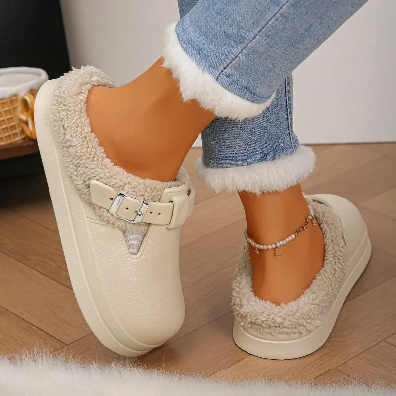 Cozy Winter Plush Buckle Mules – Luxury Slip-On Slippers